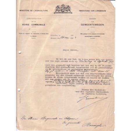 Brief van L. Boereboom als Algemeen Opziener bij het Beheer van Gemeentewegen 24-08-1927 1/1 © Stadsarchief Ieper