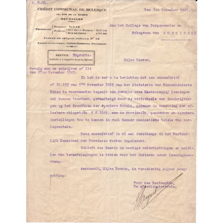 Brief in naam van de Bestuurder van de Dienst Leningen van het Gemeentekrediet 01-12-1925 1/1 © Stadsarchief Ieper