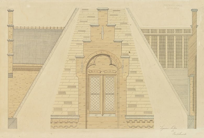 Nestor Lyssens, detailtekening van een gevelbekroning met dakkapel, 19e eeuw
