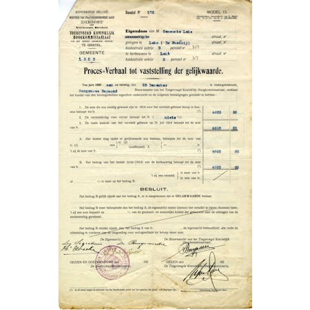 'Proces-Verbaal tot vaststelling der gelijkwaarde' 28-12-1921 1/1 © Stadsarchief Diksmuide